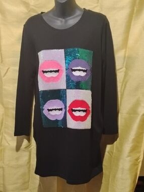 Black Sequin Lip Patch Tunic - DRESS Colorful Pop Art Lips HAS 2 SIDES POCKETS